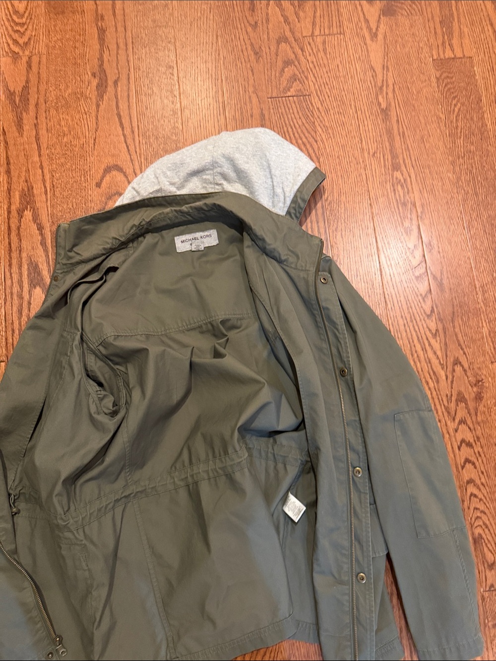 Michael Kors Olive Green Hooded Field Jacket with Gray Hood Lining